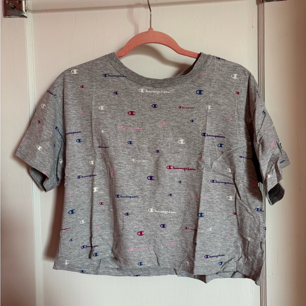 Champion Gray Tee with Multicolor Logos
